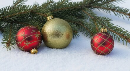 Christmas ornaments on snow with pine branches