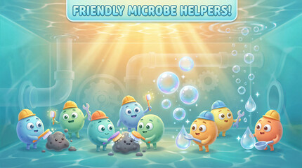 Cute cartoon friendly microbe helpers cleaning water