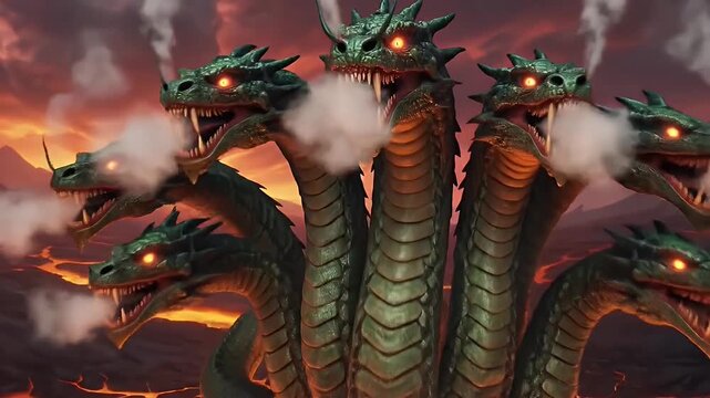 Epic fantasy illustration of a multi headed hydra in a fiery volcanic setting