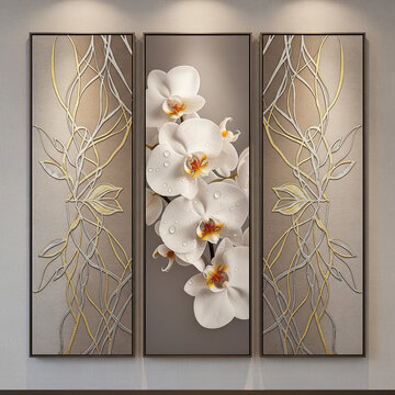 Elegant orchid triptych artwork with gold and silver leaf accents on transparent