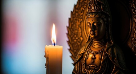 A golden Buddha statue is next to a lit candle, creating a serene and spiritual atmosphere. The image is lit with dramatic lighting.
