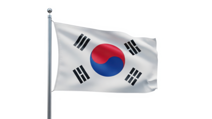 Realistic waving flag of south korea attached to a metal flagpole isolated on transparent background