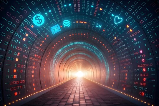 Data tunnel flowing with digital information