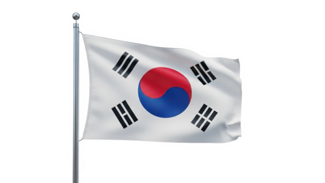 Realistic waving flag of south korea attached to a metal flagpole isolated on transparent background