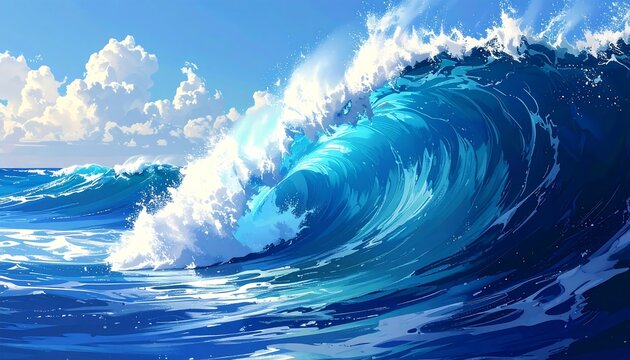 A vibrant, stylized ocean view with crashing waves against a bright blue sky and fluffy white clouds