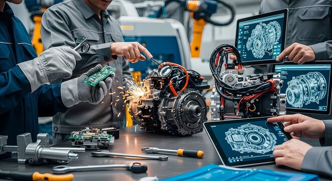 Engineers collaborating on complex machinery with digital blueprints