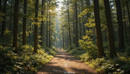 Sunlit Forest Path Surrounded by Tall Trees