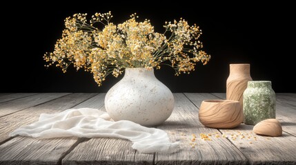 A still life composition featuring a vase of flowers, decorative objects, and a draped cloth on a rustic wooden table, illuminated by dramatic lighting against