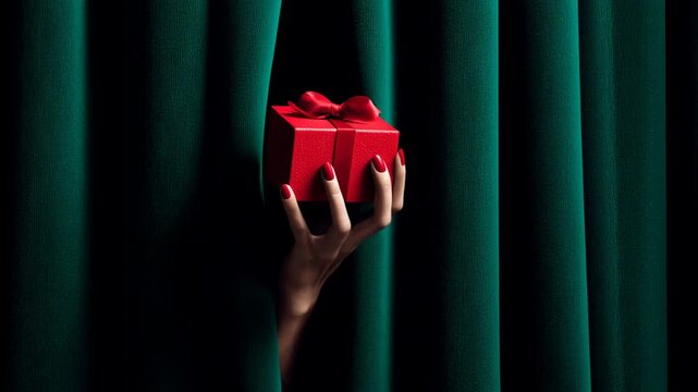 Red gift box with ribbon held by hand and red nail manicure emerging from emerald green curtain velvet stage, surprise luxury present celebration