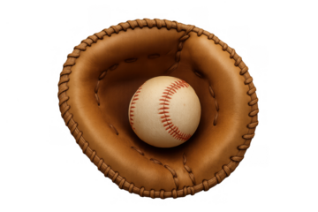 Baseball glove holding a ball, playing sport game equipment, isolated on transparent background for advertising design