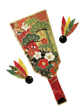 Washi Paper Hagoita and Hanetsuki Feather Shuttlecock Illustration
