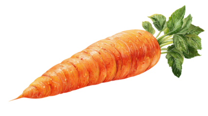 Healthy carrot illustration presenting fresh rooted vegetable with green leaves, rich in vitamins on transparent background