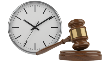 Urgent legal deadline approaching, gavel and clock represent justice system
