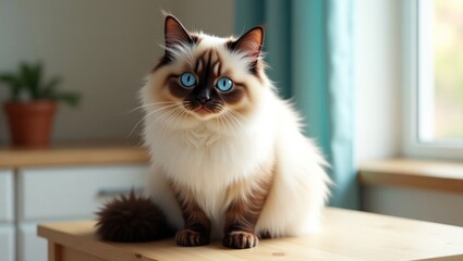 A captivating indoor shot of a regal ragdoll cat, displaying its luxurious, fluffy coat and striking blue eyes.