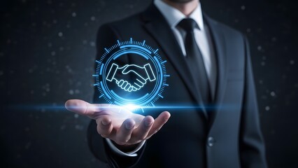 Business deal hologram in hand partnership agreement and technology