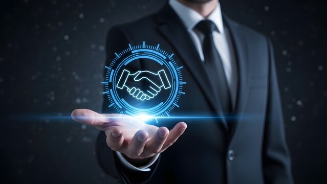 Business deal hologram in hand partnership agreement and technology