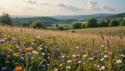 Natural Meadow Landscape with Wildflowers and Gentle Breeze
