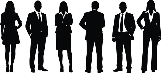 Business People Silhouette Vector Set, Corporate Men and Women Standing in Suits and Skirts, Professional Team Collection Isolated.
