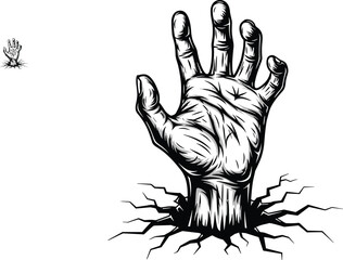 Scary Zombie Hand Emerging from Ground Vector Black White Halloween Horror Illustration, Evil Dead Monster Graphic Element Isolated.