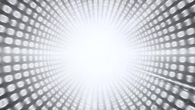 A digital tunnel of binary code converging to a bright light source