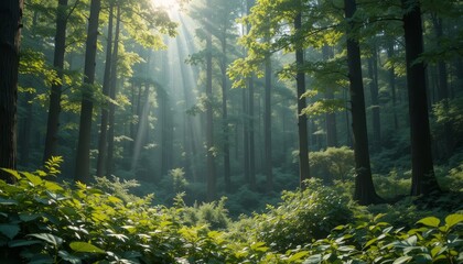 Serene Forest Background with Soft Sunlight and Green Foliage