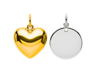 Obraz premium Gold heart charm and silver disc charm isolated on transparent background