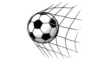 Soccer ball hitting goal net scoring a point, celebrating achievement in a football league or championship match