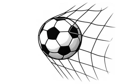 Soccer ball hitting goal net scoring a point, celebrating achievement in a football league or championship match - Powered by Adobe