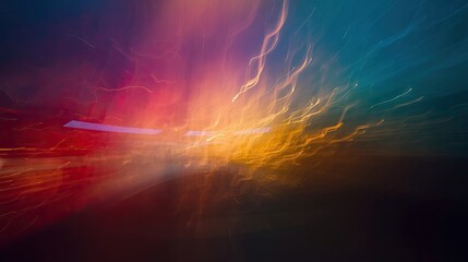 Intense, abstract motion blur composition showcases dynamic streaks of warm, vibrant light against a backdrop of rich, deep blues and purples, creating a captivating display of energy.