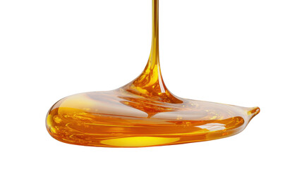 Golden honey pouring and dripping, creating a pool of sweet viscous liquid. Transparent background for easy layering