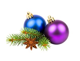 Blue and purple christmas ornaments with fir branch and star anise isolated on transparent background