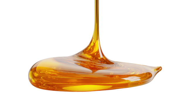 Golden honey pouring and dripping, creating a pool of sweet viscous liquid. Transparent background for easy layering