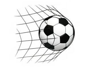 Soccer ball hitting net, scoring goal, representing success, achievement, and winning in sports match