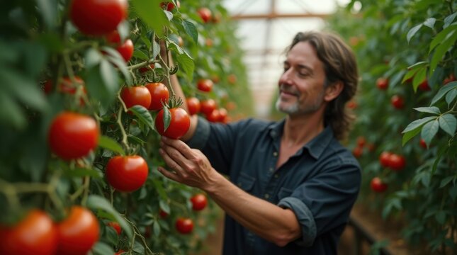 Farmer inspecting ripe red tomatoes growing on vines in a greenhouse