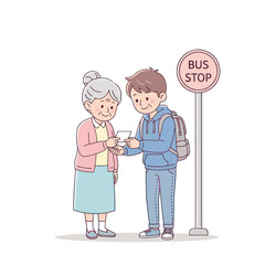 Kind young man helping an elderly woman at a bus stop.