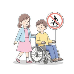 Caring woman assists man in wheelchair near pedestrian crossing sign.