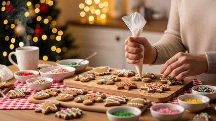 Hands decorating festive gingerbread cookies with icing and sprinkles in a cozy Christmas kitchen