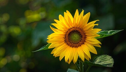 A vibrant sunflower with bright yellow petals against a blurred leafy green background captured in outdoor sunlight