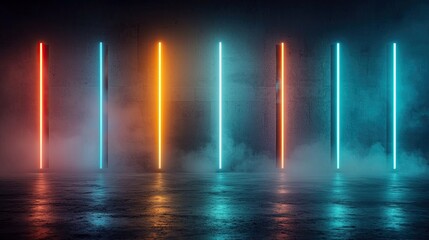 Abstract image featuring vertical neon light pillars in a foggy concrete room, creating a dramatic and futuristic atmosphere.