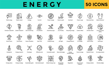 Energy icons set with electric plug, power socket, voltage, current, power outage icon. Simple line vector. Editable stroke.
