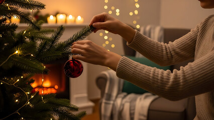 Woman's hands decorating a Christmas tree with a red ornament in a cozy living room with a warm fireplace and candles.