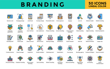 Branding icons set with business card, packaging design, letterhead, envelope design, presentation deck icon. Simple lineal color vector. Editable stroke 
