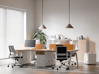 Modern Open Office Workspace with Minimalist Desk Setup and Natural Lighting &ndash; 3D Rendering
