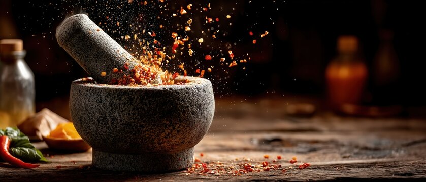 Action shot of granite stone mortar and pestle crushing dried chili peppers and spices with explosion of powder, dark rustic wooden background, concept of thai cooking and spicy food.