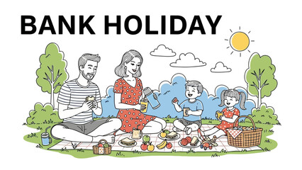Family enjoying a picnic on a bank holiday, surrounded by nature.