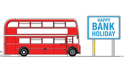 Iconic red double decker bus on bank holiday sign. © Nasoha_Alhabib
