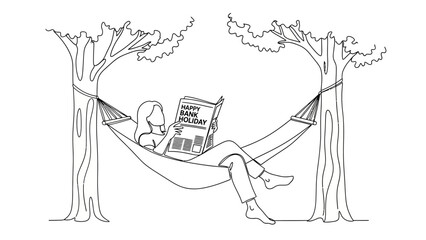 Woman Relaxing Reading Newspaper in Hammock Between Trees.