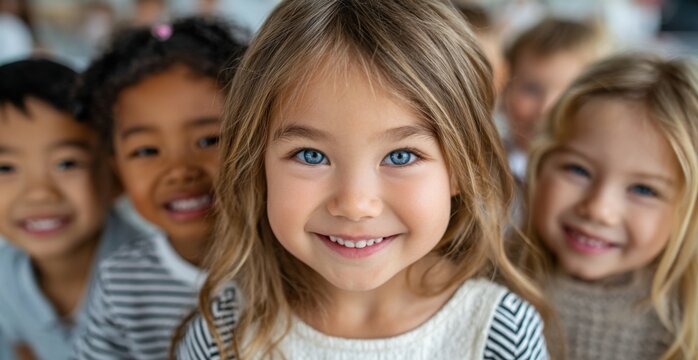 a group of happy children smiling and posing for the camera in a frontal view, with diverse ethnicities and a blonde girl in the center focus