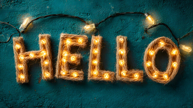 Festive hello 2026 message with glowing string lights on a textured teal background celebrating the upcoming new year