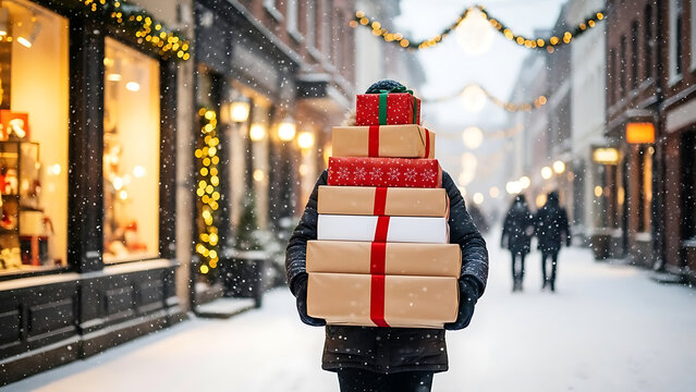 Shopper carrying a tall stack of Christmas presents on a snowy, festive street with holiday lights.